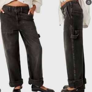 Free People Major Leagues Mid Rise wide leg Cuffed Crop Black Jeans